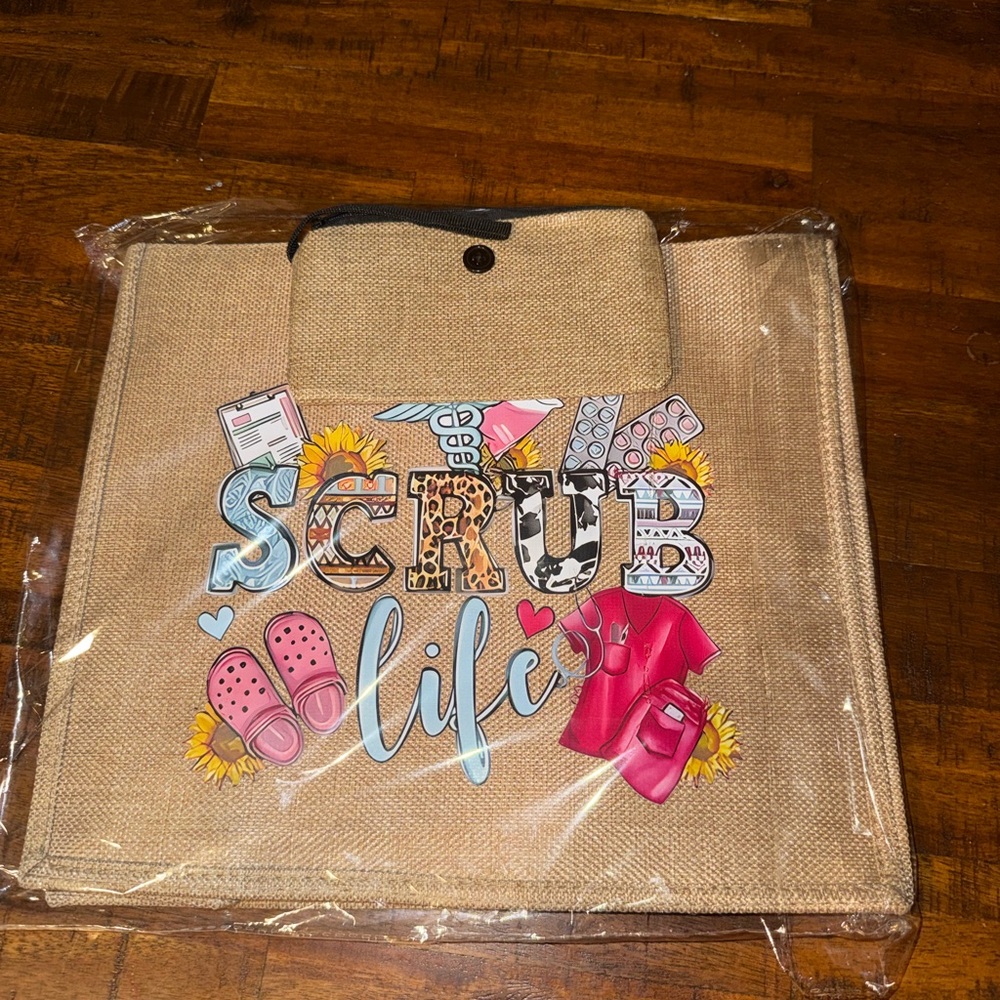 Scrub Life Jute Tote Bag with Colorful Design